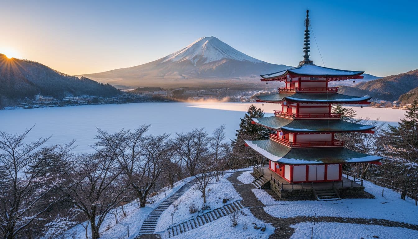 A stunning winter landscape of Mount Fuji rising behind a serene lake, with a traditional red pagoda in the foreground, snow-capped peaks, misty forests, and early morning light.