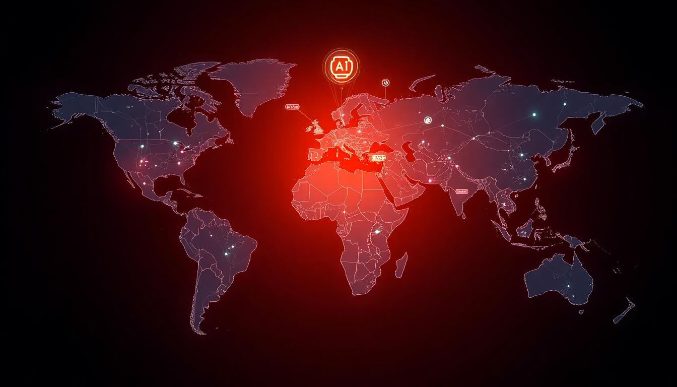 Which Countries Have AI in 2025? (Top Places Powering Smart Tech Worldwide) A world map with bright circuit lines connecting major tech hubs, AI icons above each continent. Ultra-realistic, created with iPhone 17 Pro.