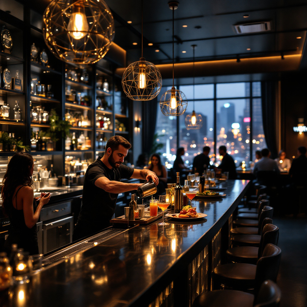 Ultra realistic interior of WSKY Bar + Grill with sleek black and gold decor, awards on the wall, patrons enjoying grilled bites and cocktails, open kitchen ambiance, warm lighting, nightlife vibe. City lights visible through windows. Foreground shows a bartender pouring a signature drink; background has diners and the grill area. Image created with AI.