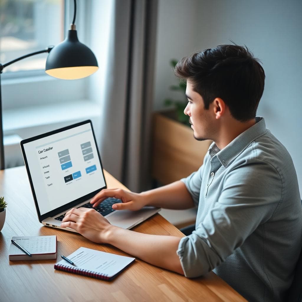 Young adult using an online auto loan calculator with buy rate and offered rate fields visible on a laptop, printed notes on desk, soft daylight in a clean home office