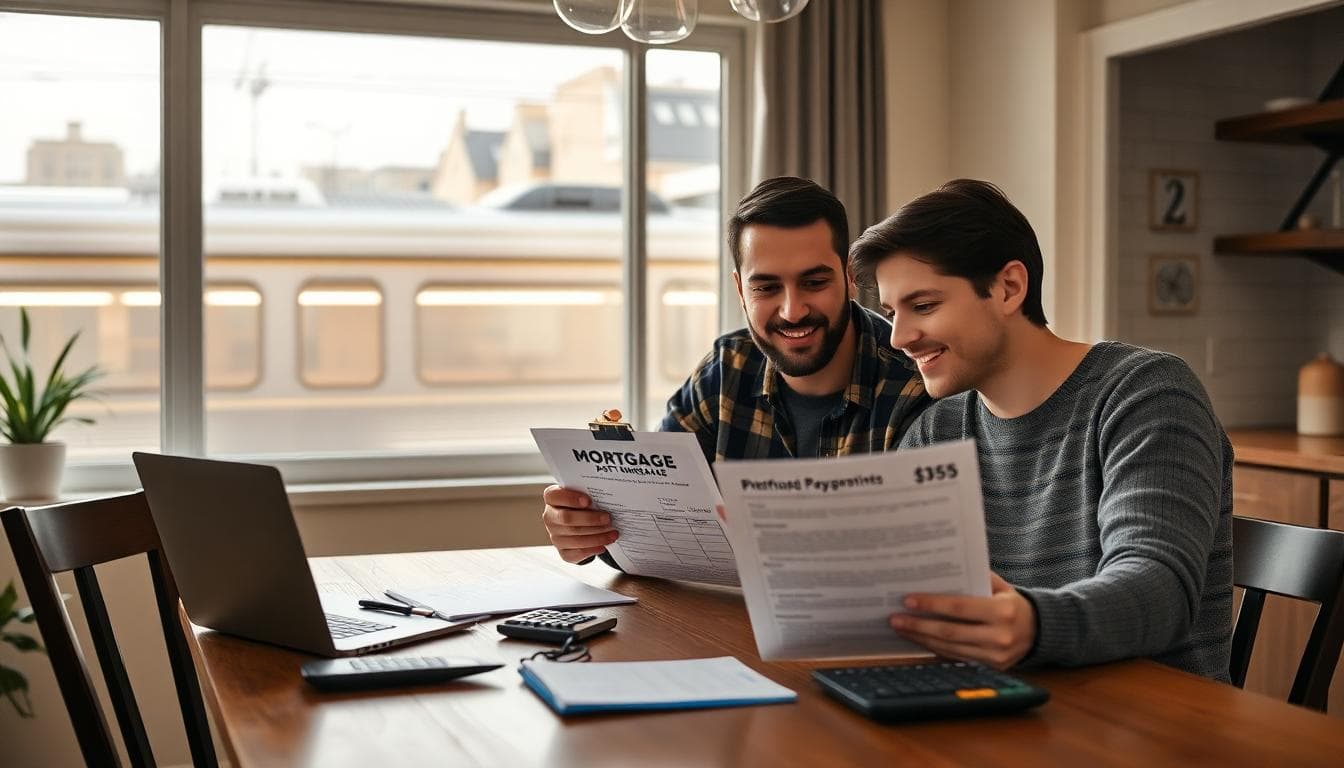 Young Chicago couple in Avondale reviewing mortgage payments at their kitchen table, the L train visible outside. Image created with AI