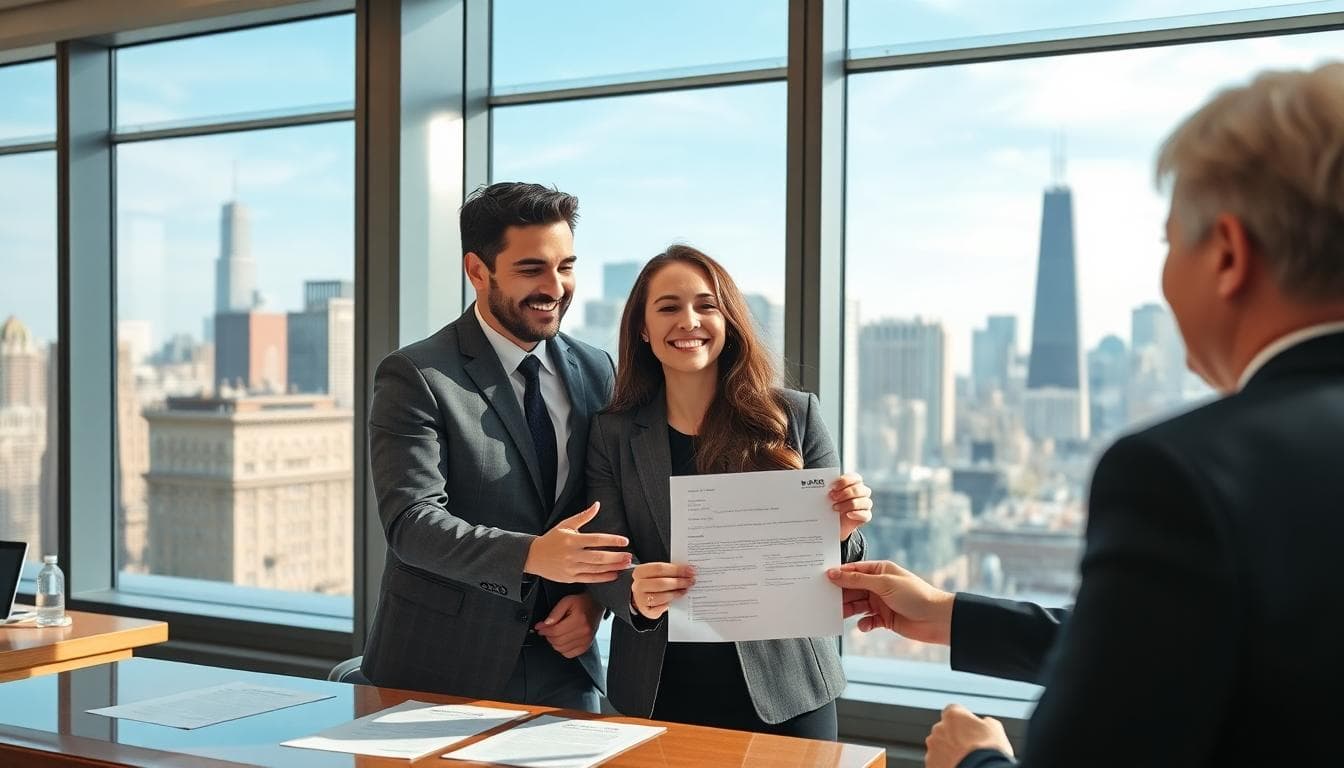 A young couple receiving a mortgage pre-approval letter inside a modern Chicago bank branch with the skyline visible. Image created with AI.