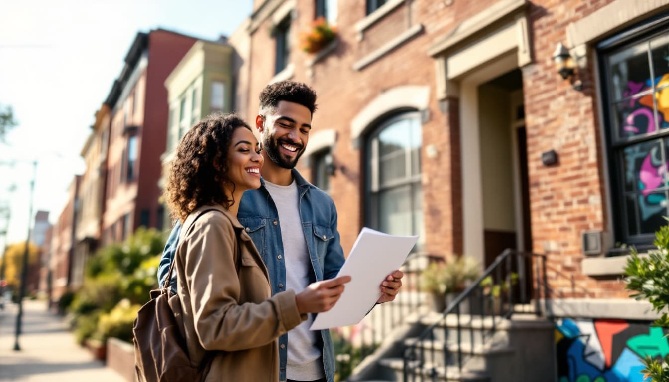 Young couple in front of a Pilsen townhome after receiving program approval. Image created with AI