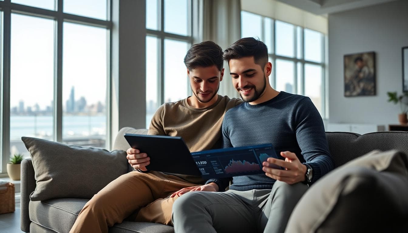 Young couple reviewing Chicago housing rate and price charts in a modern living room with Lake Michigan in the background. Image created with AI.