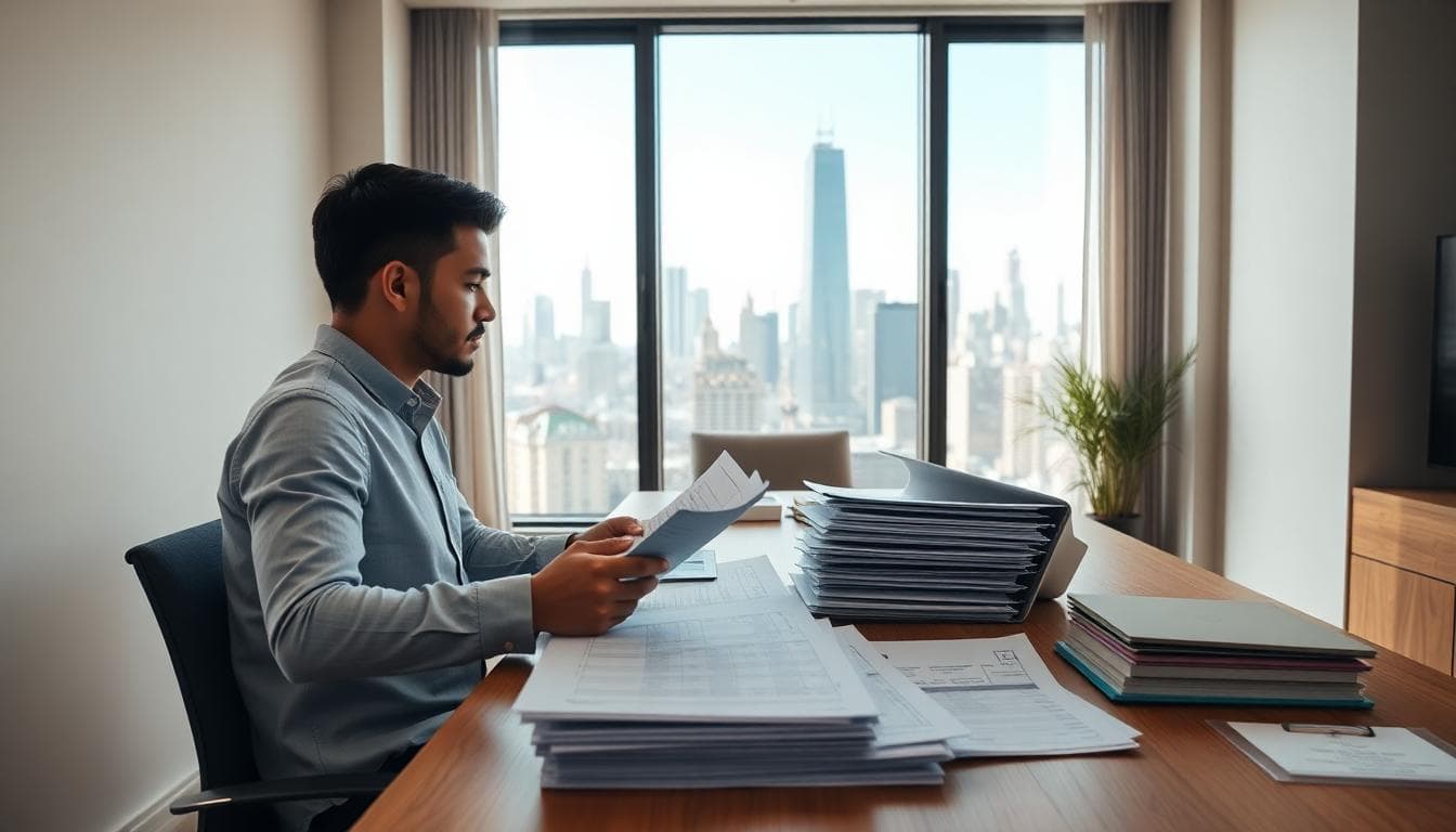 Ultra realistic photo of a Chicago apartment with a young professional organizing W-2s, bank statements, and debt documents on a wooden desk, with the skyline visible. Image created with AI.