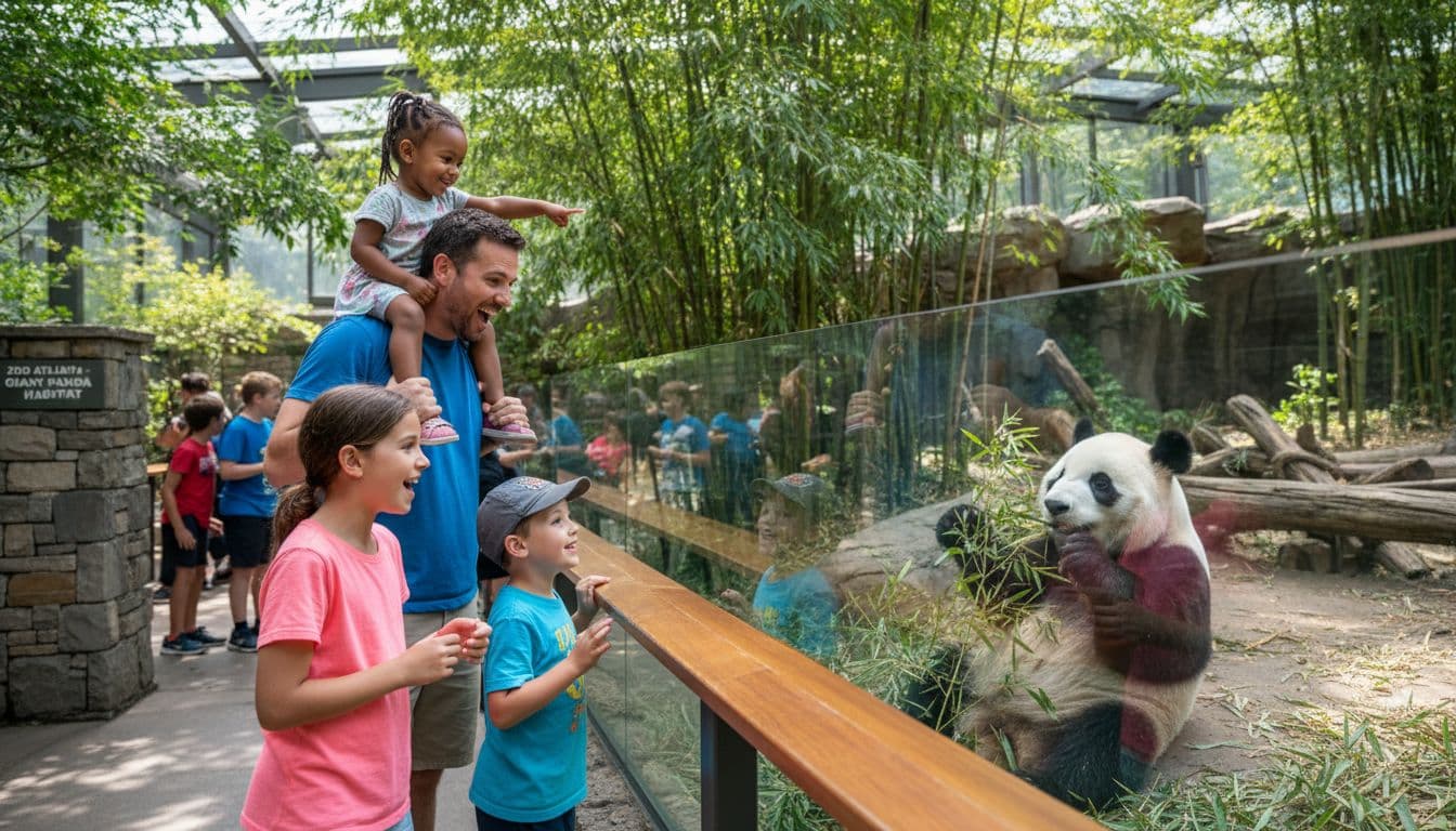 Vibrant and lively scene of a family with young children happily observing a giant panda amid lush green bamboo at Zoo Atlanta, capturing the wonder of wildlife discovery in realistic photography style.