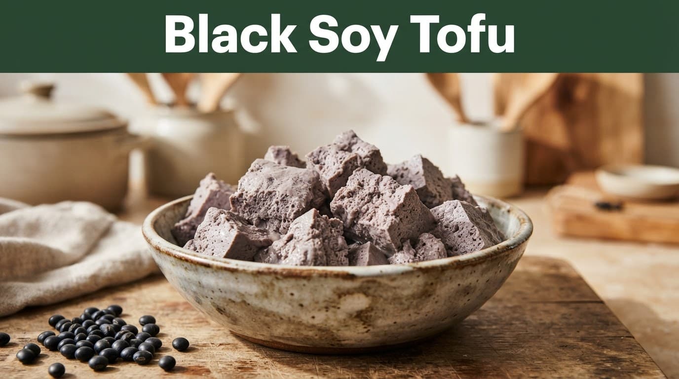 A bowl of chunky purple-gray black soybean tofu sits on a warm kitchen counter.