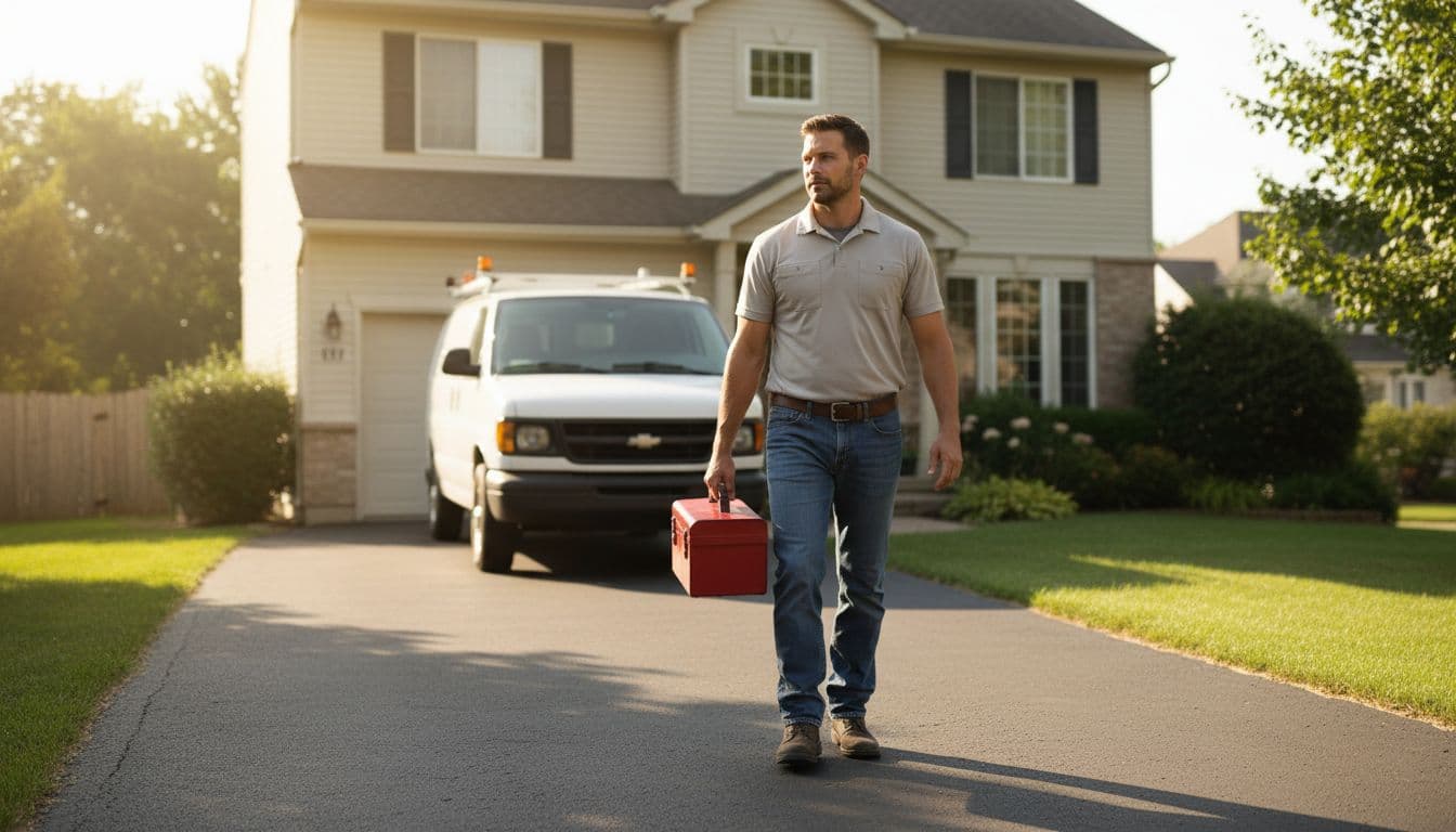 Repairman with toolbox walks from van toward suburban house front door in daylight.