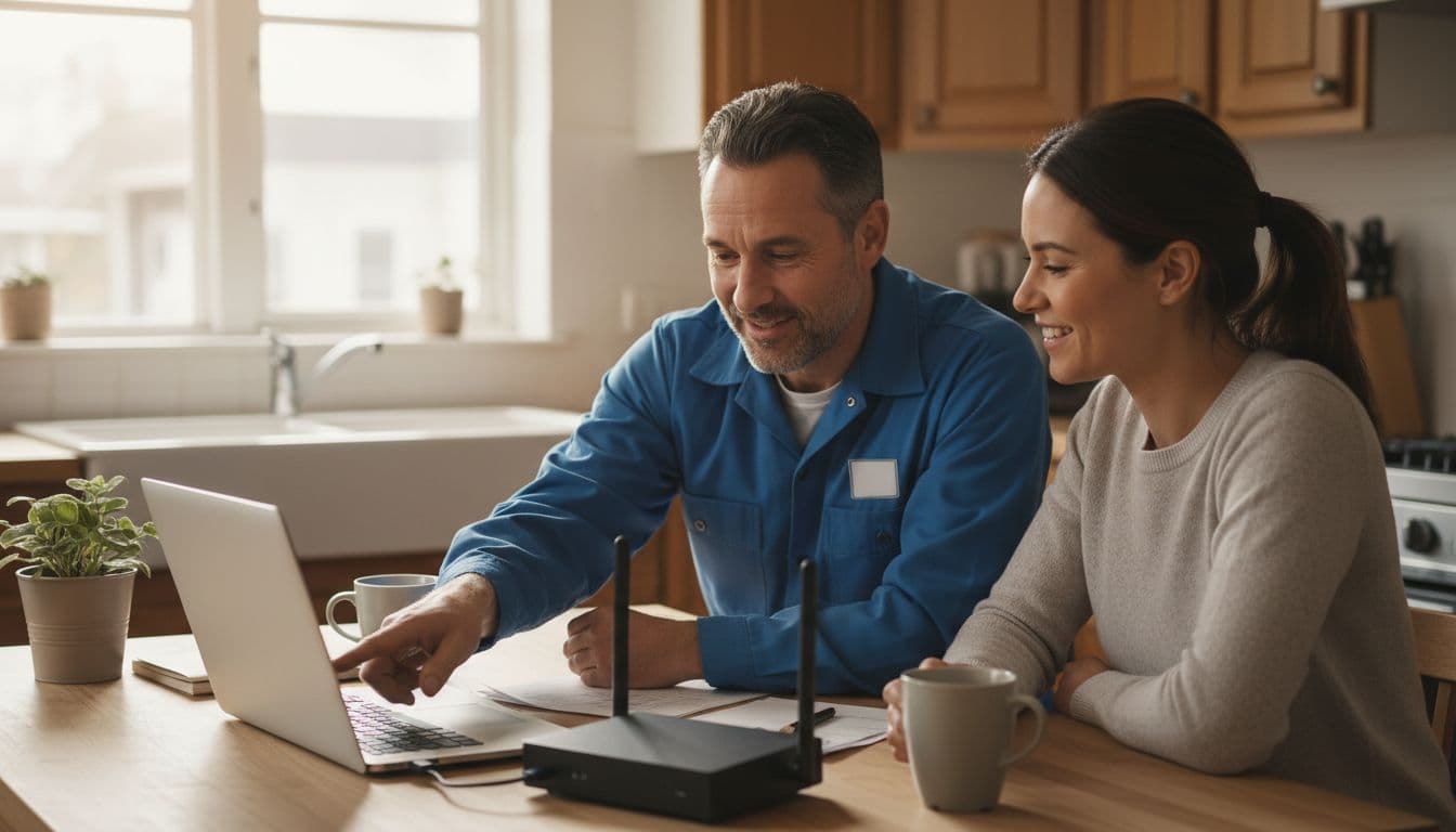 Repairman in work shirt points to router and laptop on table with homeowner during relaxed discussion.