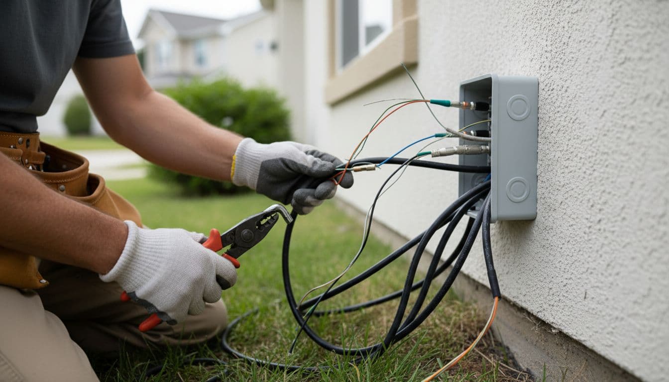Technician kneels to inspect cable wiring and connection box on suburban house exterior.