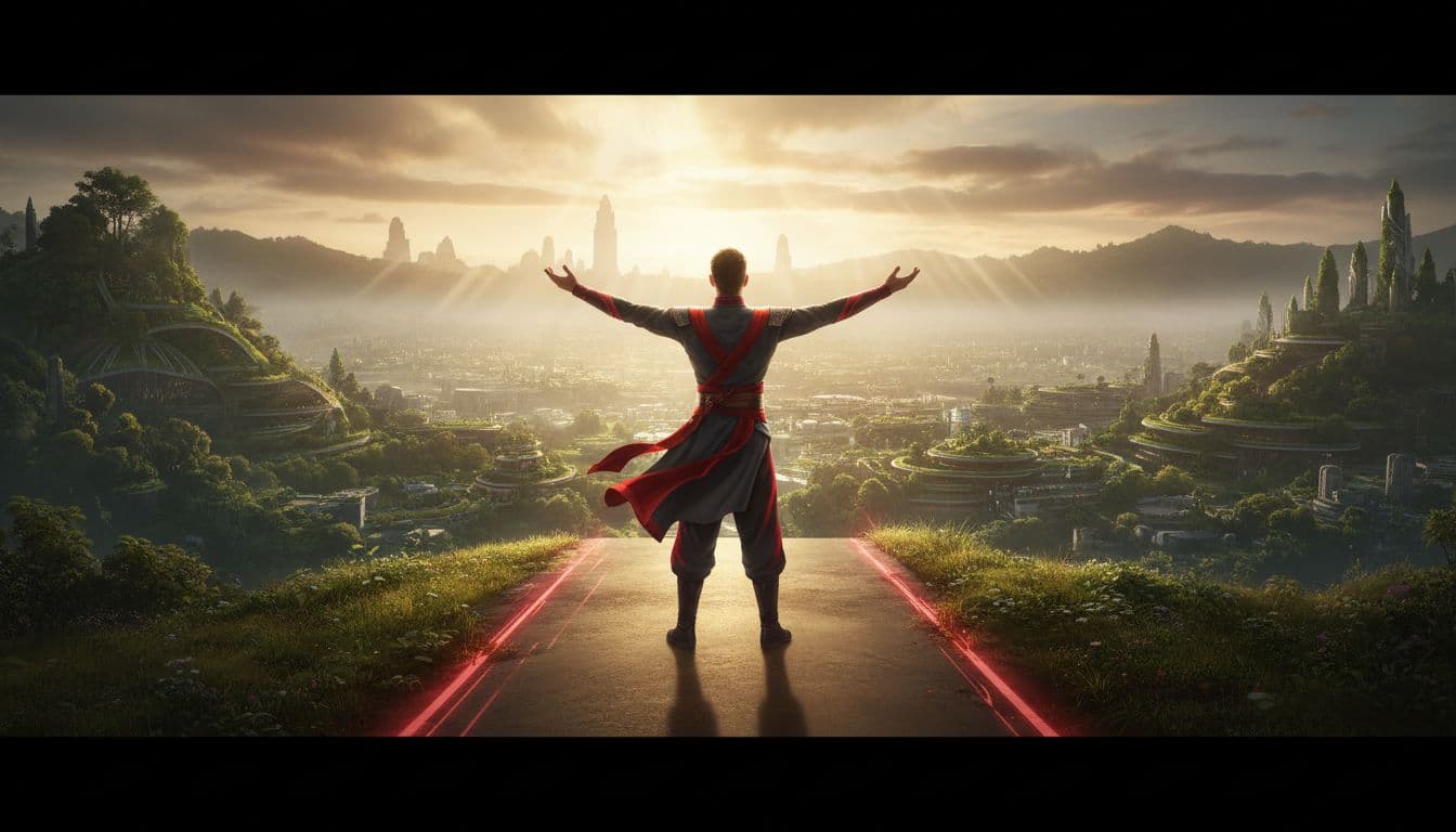 Confident person stands tall on sunny hilltop, arms outstretched overlooking vibrant growing city, faint graves fade in distant mist.