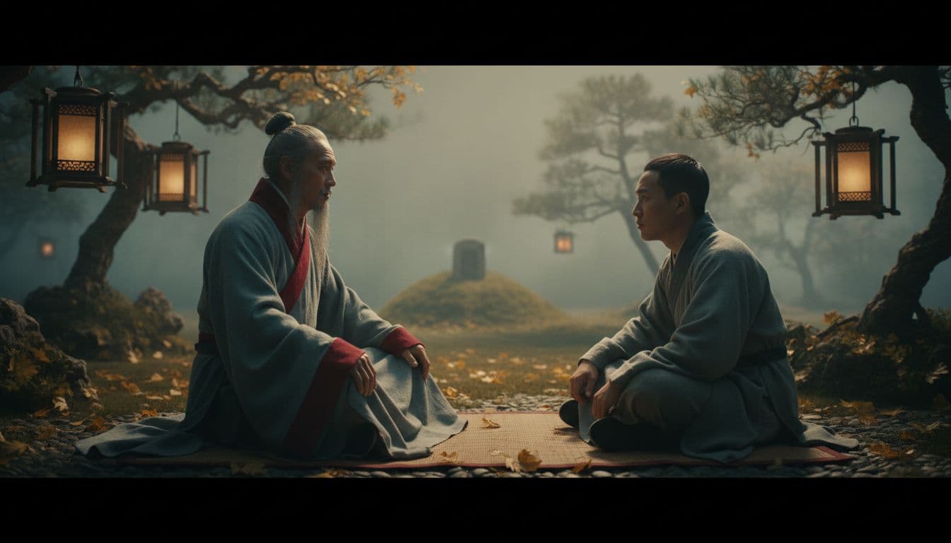 Elderly philosopher in red-accented robes sits cross-legged facing young student in lantern-lit ancient garden, grave mound in misty background.