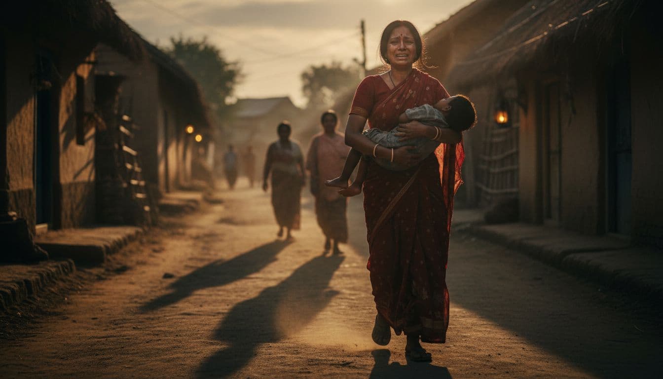 Grieving mother cradles lifeless young son in dusty village streets at dusk, tears on her face.