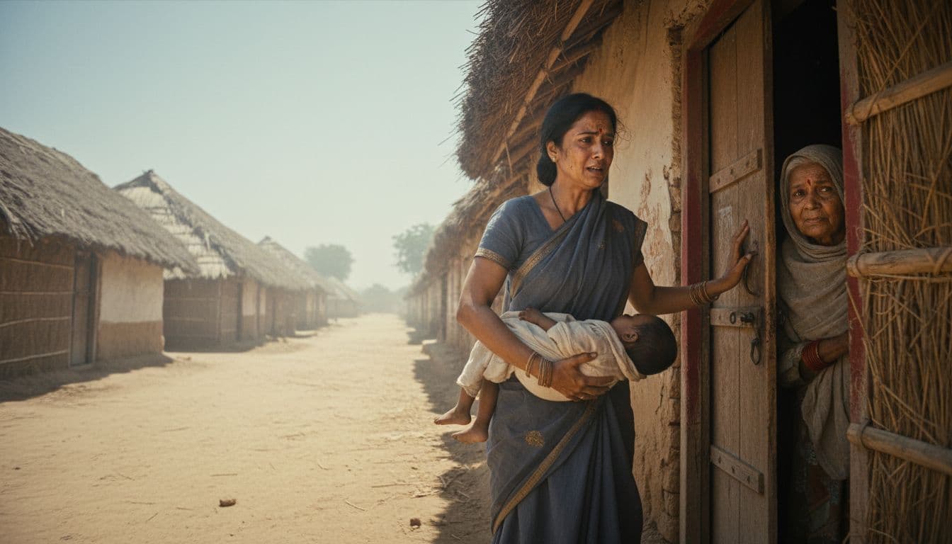 Woman in sari carries lifeless child, knocks on thatched house door as elderly villager peeks out amid row of village homes.
