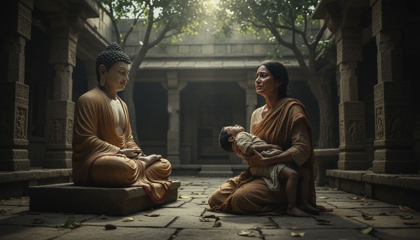 Desperate mother kneels before serene seated Buddha in ancient courtyard, holding lifeless child.