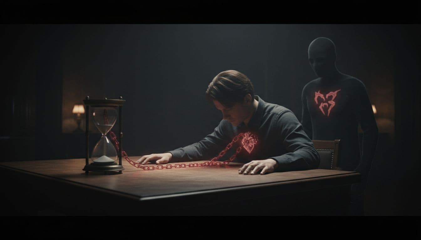 Hunched person fixates on shadowy enemy across desk, ethereal chains link heart to pain symbol beside nearly empty hourglass.