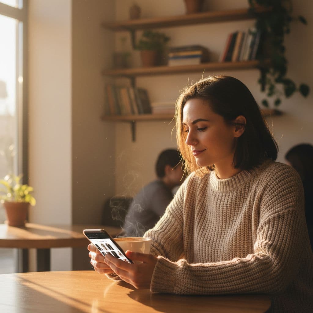 A person holds a coffee cup while browsing an online shop on their smartphone in a sunlit cafe.