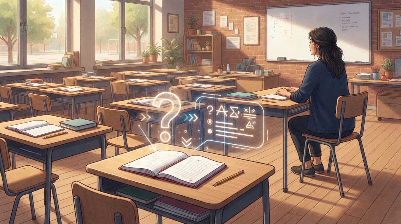 A teacher faces empty desks beneath a glowing question interface above a notebook.