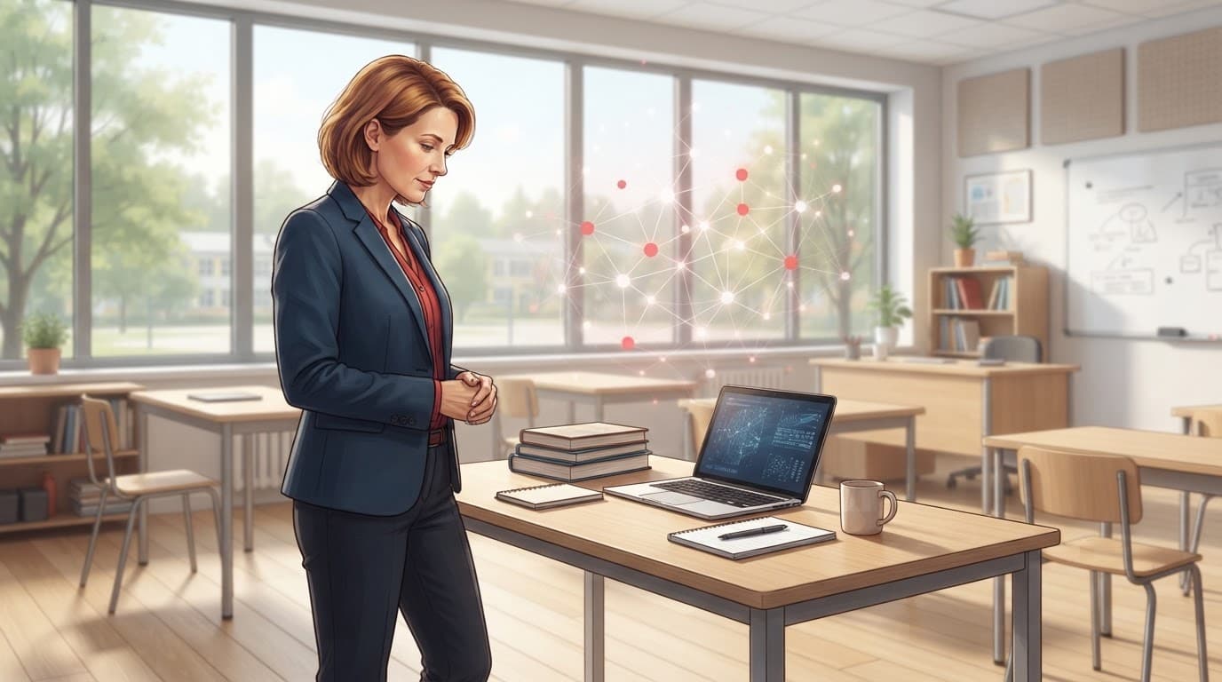 An educator stands beside books and a laptop in a bright modern classroom.