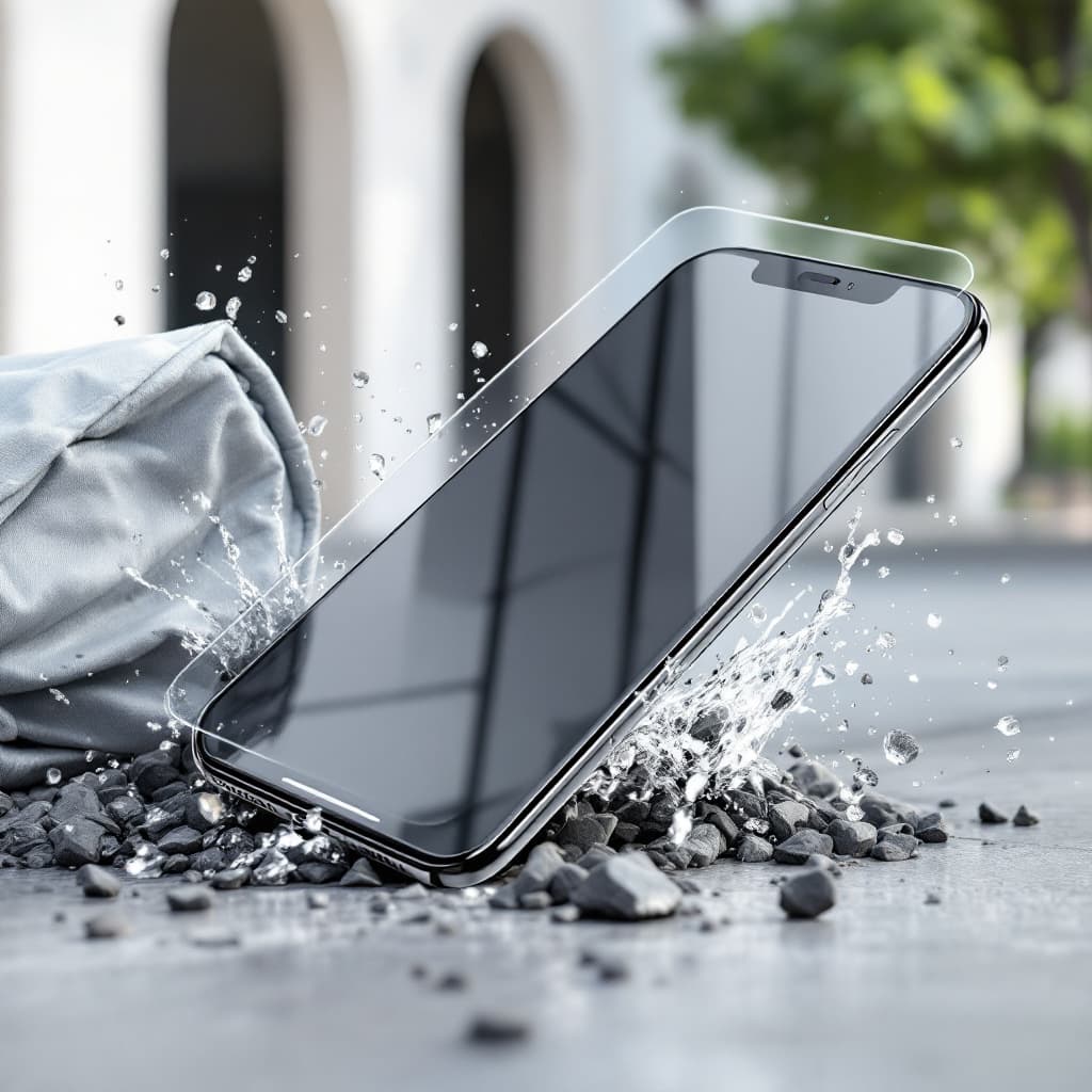 Tempered glass absorbing a real-world drop on concrete while the iPhone 11 screen stays intact