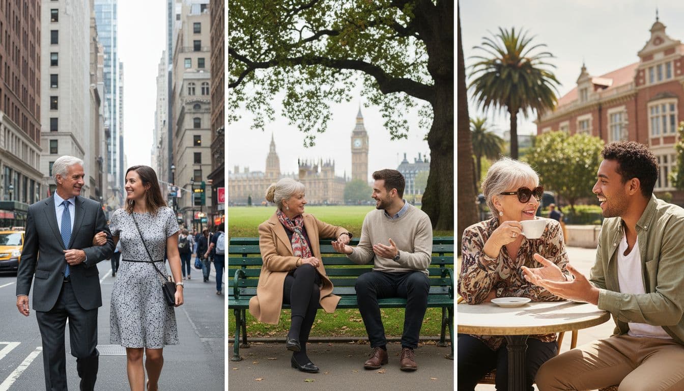 Collage of three scenes: New York street with older man and young woman arm-in-arm, London park with older woman and young man on bench, Johannesburg cafe with older woman and young man chatting.