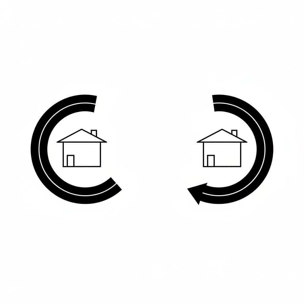 A minimalist architectural diagram illustrates two houses positioned against concave and convex road curves.