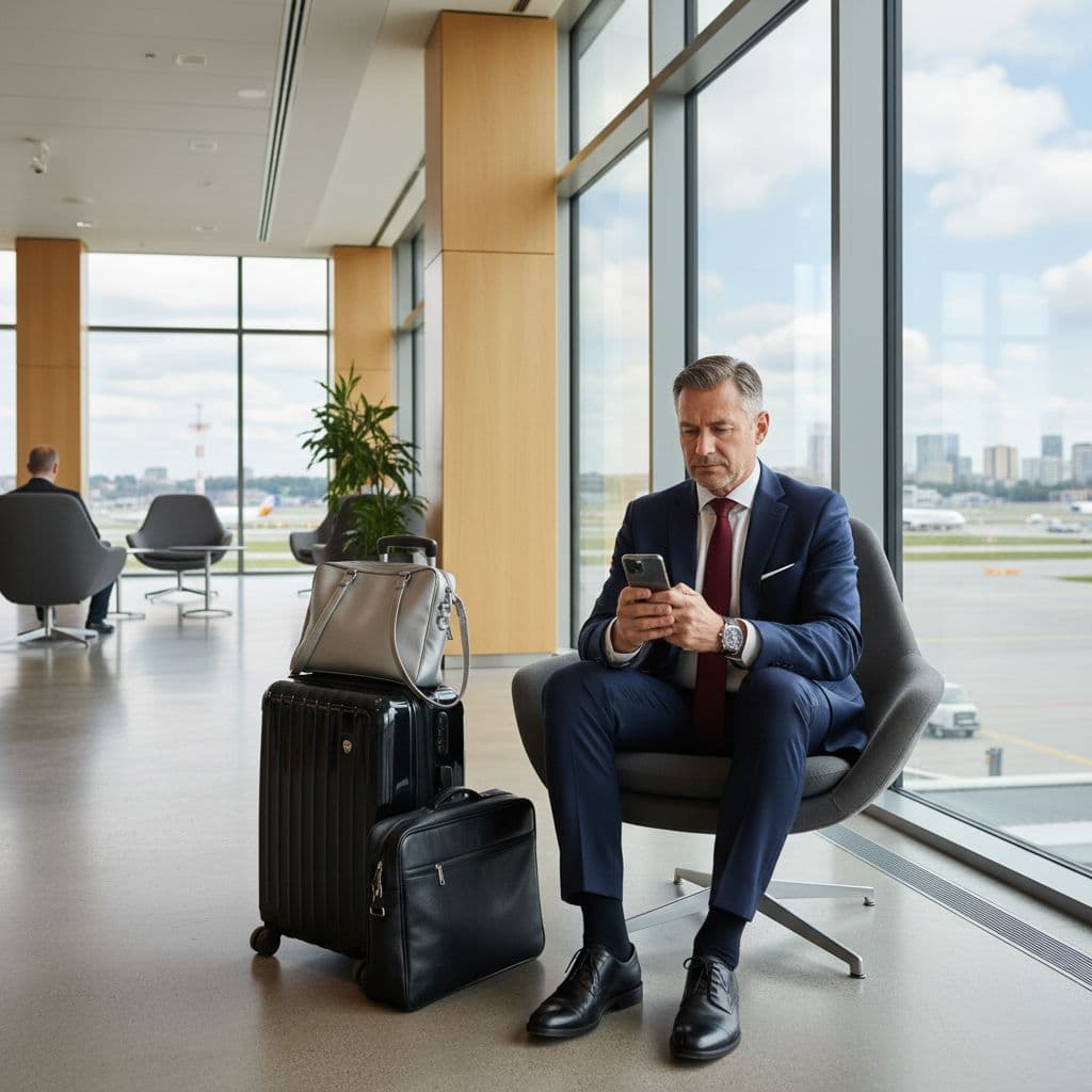 A well-dressed man sits in a modern airport terminal while checking his smartphone.