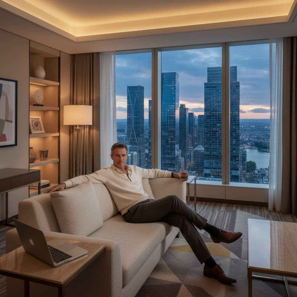 A man sits in a modern, upscale hotel room featuring a city skyline view through floor-to-ceiling windows.