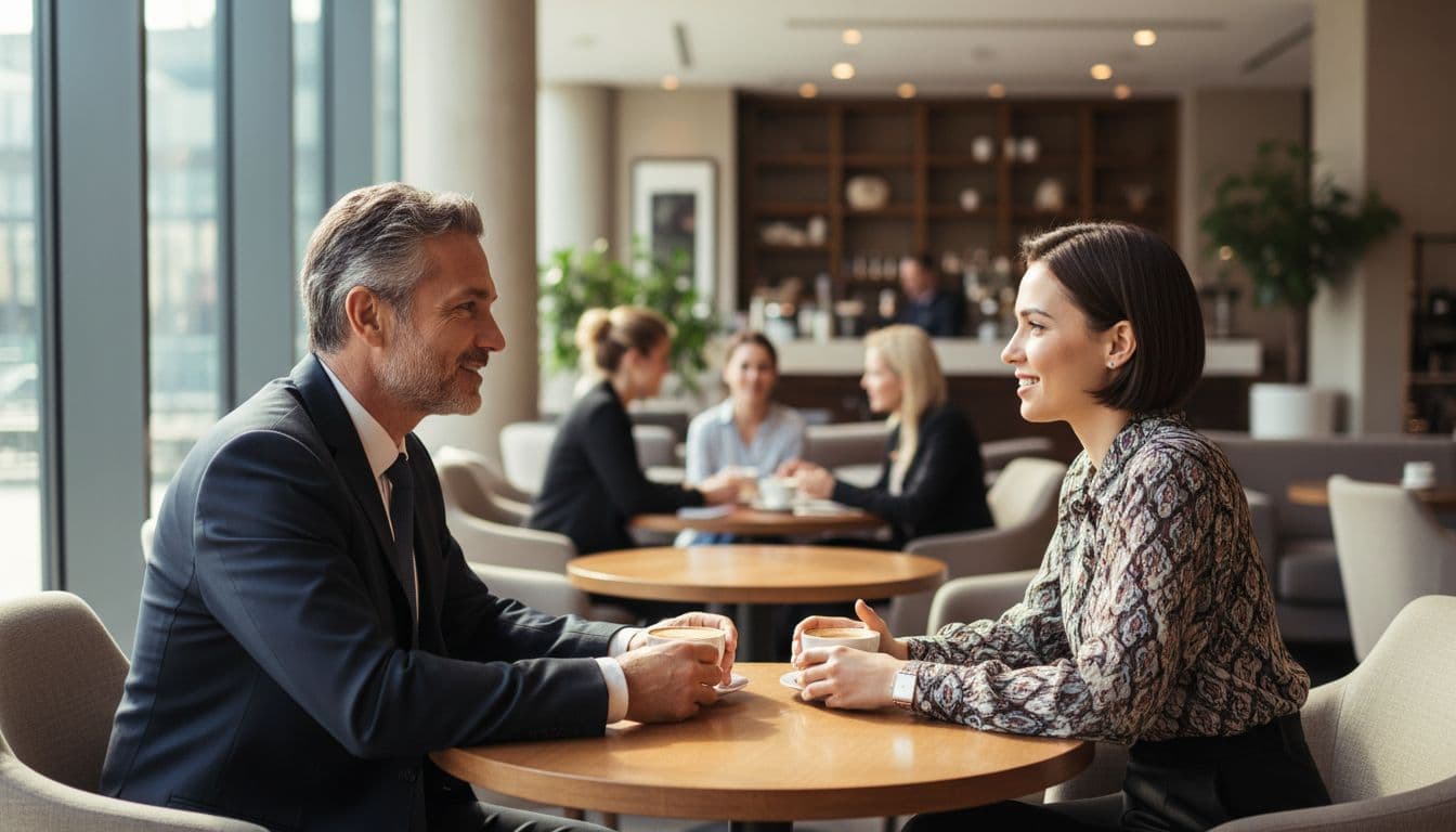 Mature businessman and stylish young woman sit at cafe table conversing over coffee cups in natural daylight.