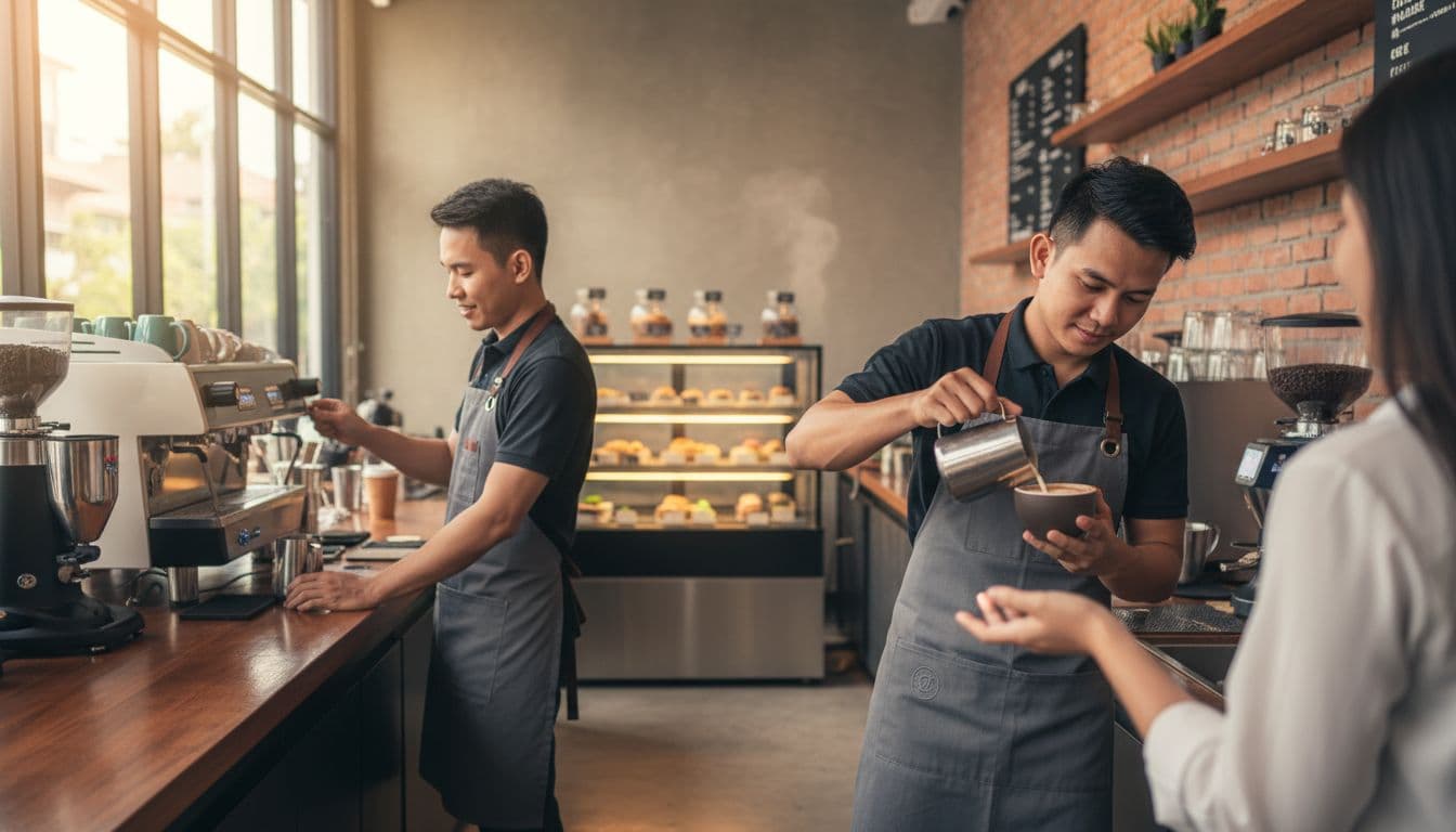 Busy Malaysian cafe interior with two baristas wearing custom bib aprons, one pouring coffee and one serving customers, polished professional look under warm natural lighting.