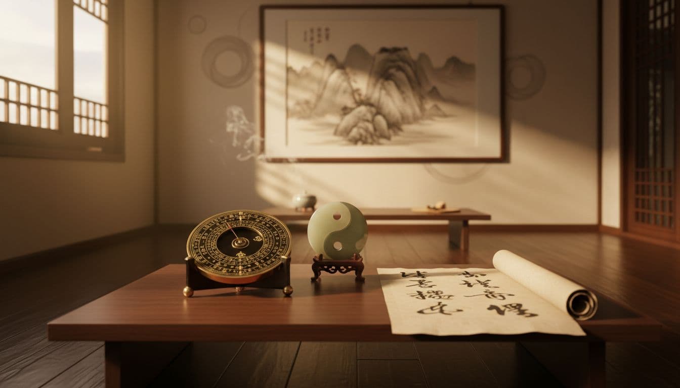 An ancient compass, calligraphy scroll, and jade ornament rest on a wooden table in warm lighting.