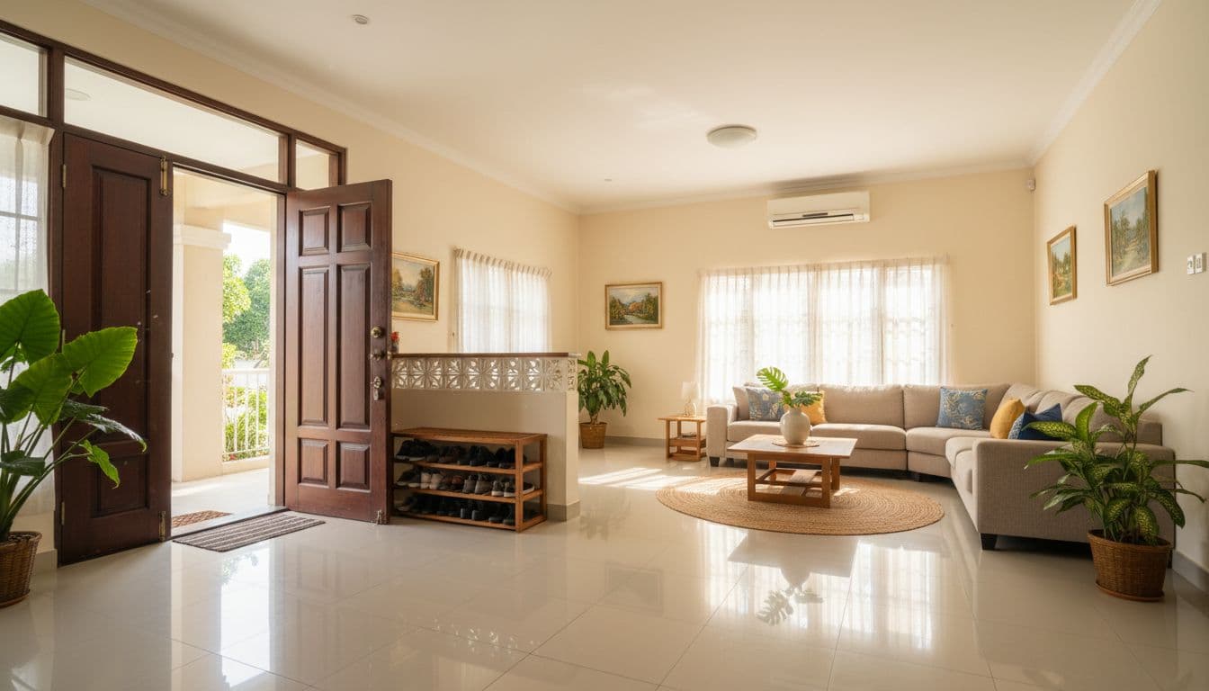 Sunlit entrance and living room in a Malaysian home with neat shoe rack, comfortable sofa, and spotless floor.