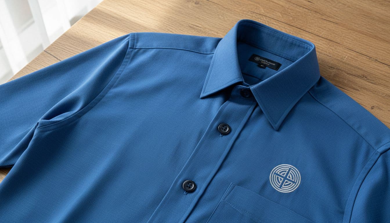 Close-up view of a custom corporate uniform shirt laid flat on a wooden table, highlighting detailed neat stitching, textured breathable fabric, high-quality embroidered logo on chest pocket, strong buttons, and reinforced collar under soft natural lighting.