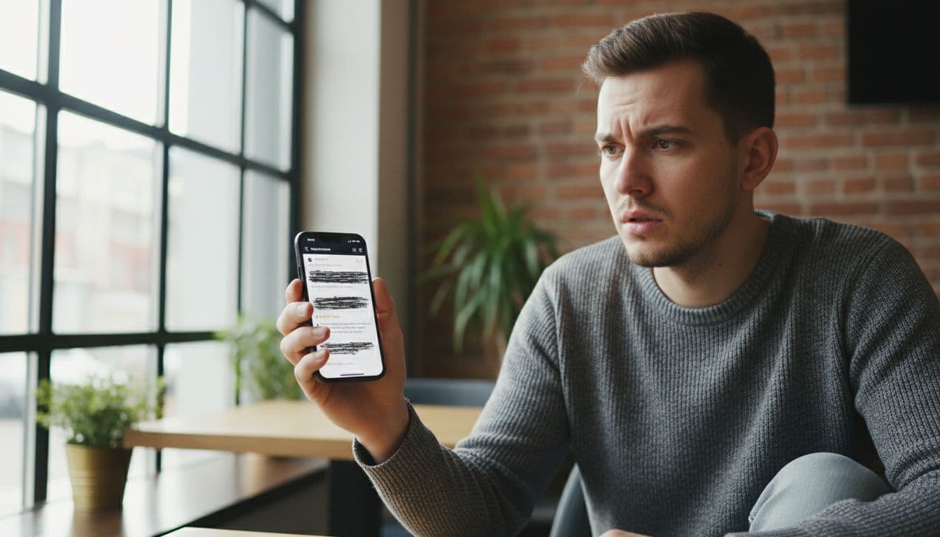 Late-20s person in cafe holds smartphone with blurred low star ratings, concerned expression while scrolling reviews.