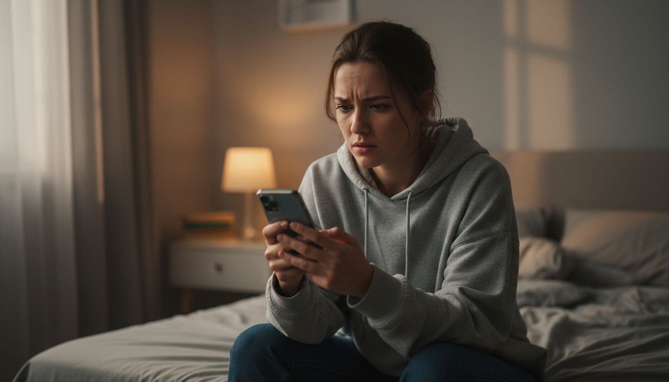 Young woman in casual clothes furrows brow in concern while reading smartphone in bedroom.
