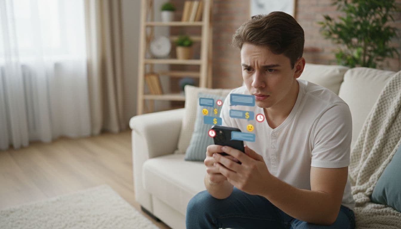 A young adult appears concerned while reading blurred urgent messages with money symbols and clock emojis on a smartphone in a cozy living room.