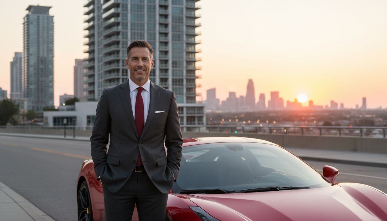 Exactly one attractive man in his 40s with confident smile, dressed in tailored suit, standing beside red sports car parked in front of luxury high-rise building at golden hour sunset, city skyline background, professional full-body realistic photography with sharp focus and warm natural lighting.