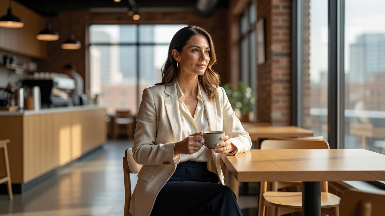 A thirty-year-old woman with a poised expression sits relaxed in a bright coffee shop. She wears a minimalist blouse, framed by blurred architectural elements and soft morning light casting gentle shadows.
