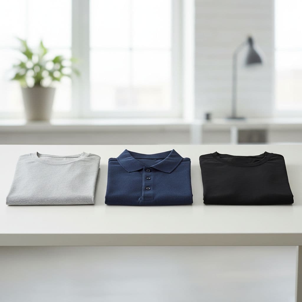 Three folded shirts in cotton, polo, and performance fabric displayed on a white desk.