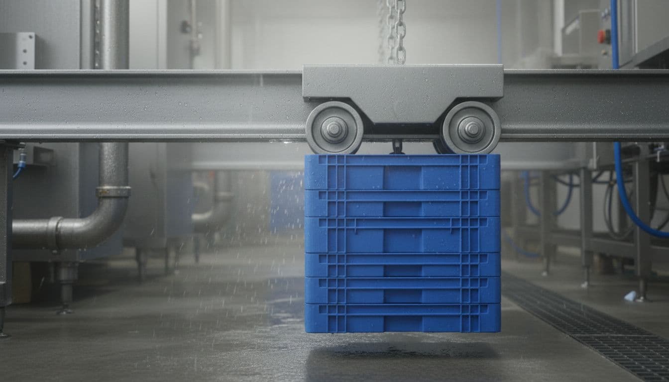 A corrosion-resistant coated steel I-beam trolley on a beam in a humid food processing plant washdown area, handling containers with protective finish on wheels and frame visible, side view with water droplets.