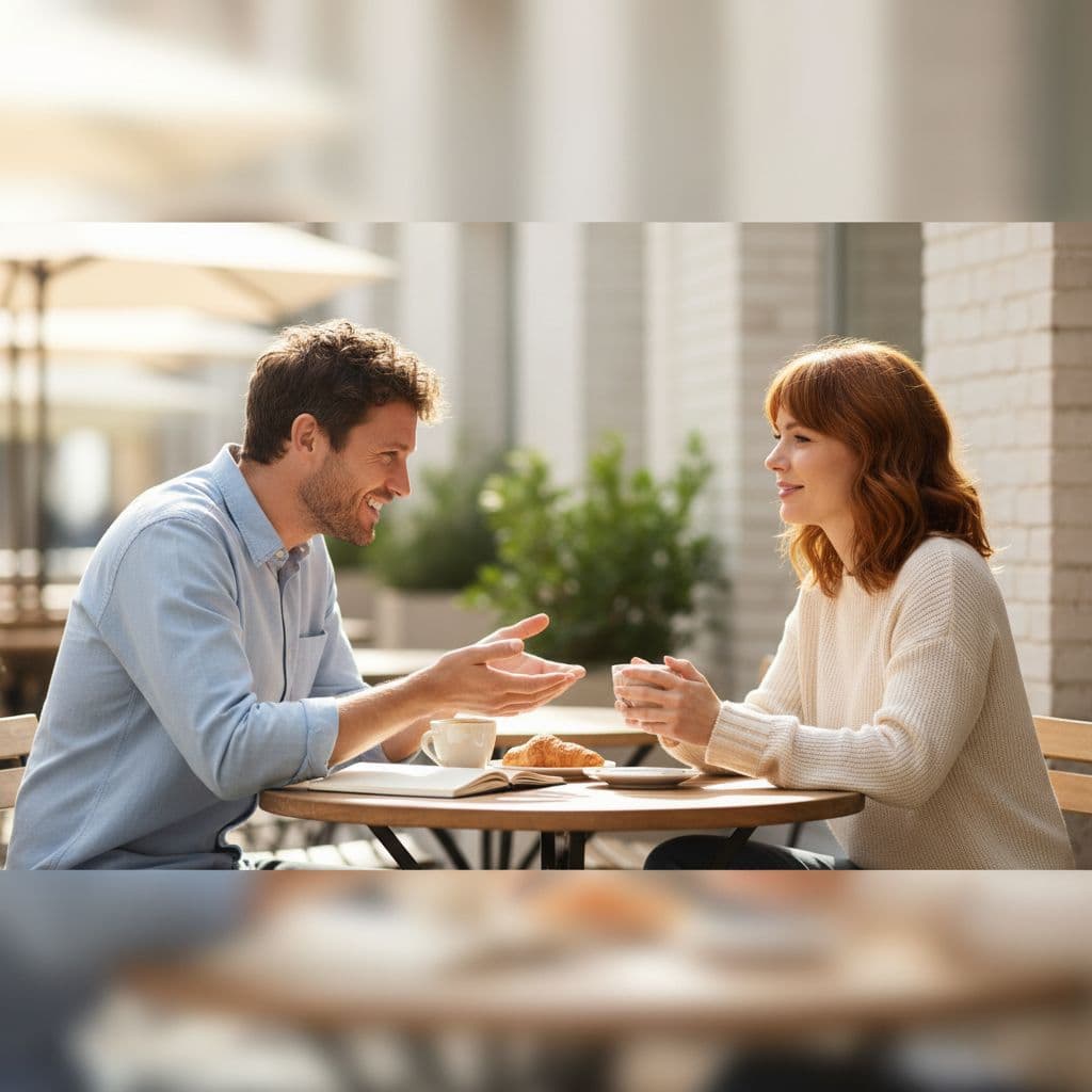 A man and a woman sit at a bright cafe table engaged in an open, relaxed conversation.