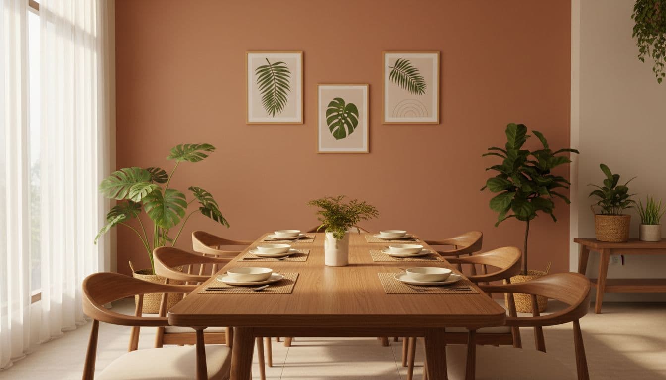 Neat wooden dining table surrounded by comfortable chairs in softly lit Malaysian family restaurant with simple wall decorations.