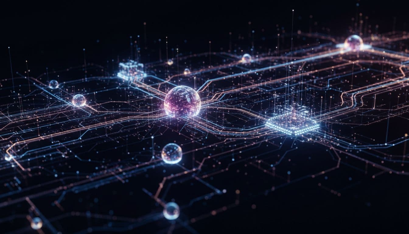 Glowing light trails and interconnected data nodes form a complex network against a dark background.