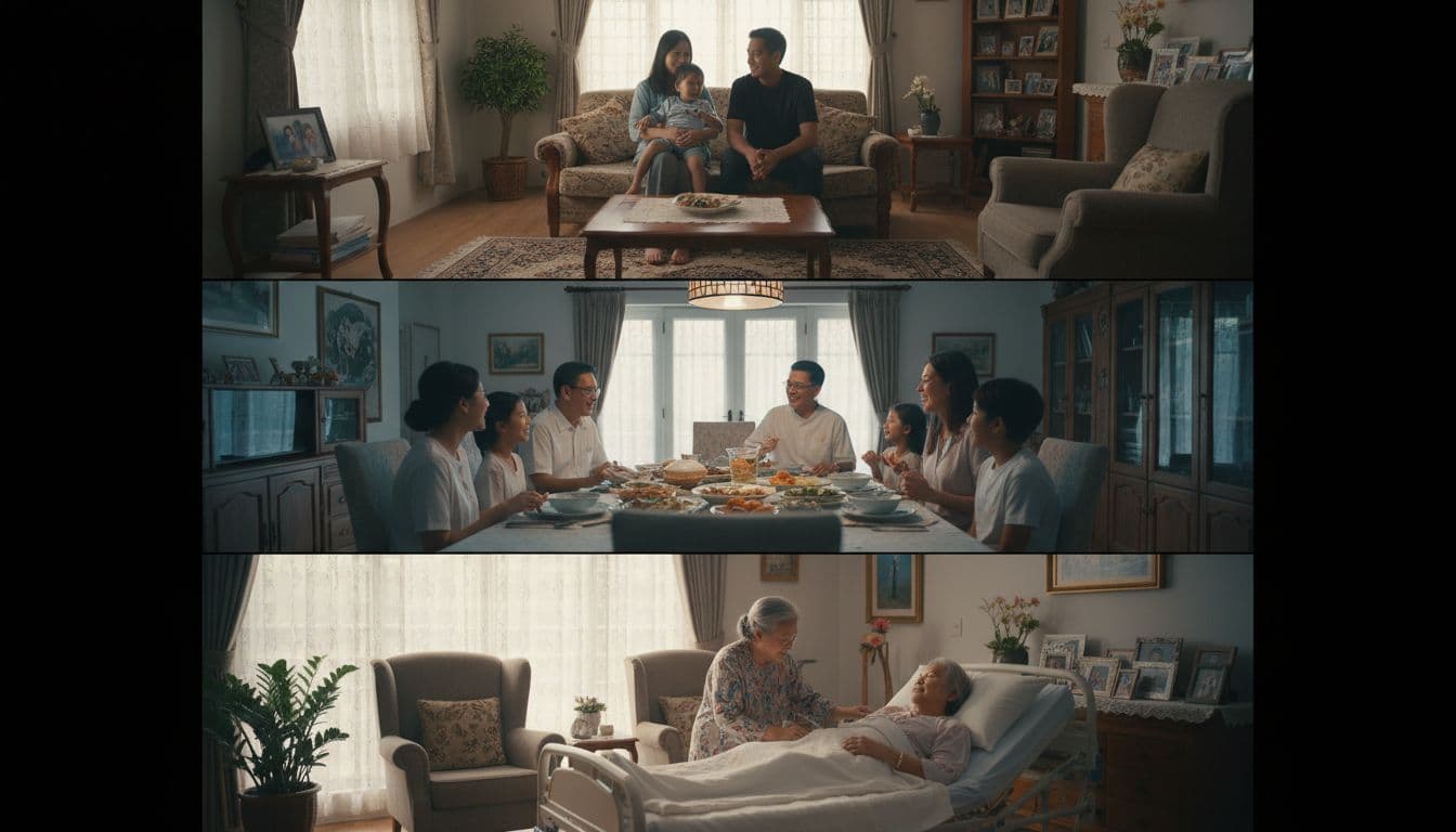 Split composition shows young Malaysian couple with child in home, blended family at dinner table, elderly caregiver with relative in living room.