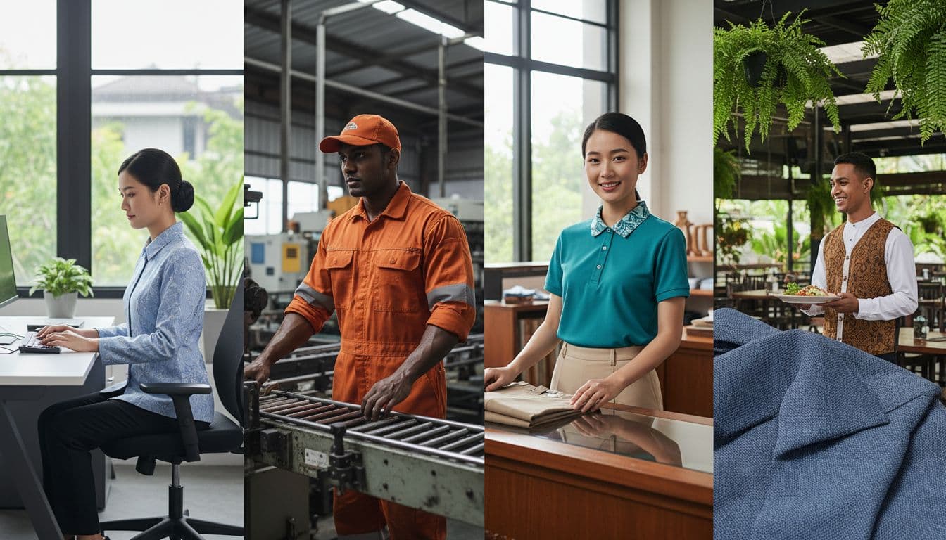 Four Malaysian professionals in office, factory, retail, and hospitality settings, each wearing tailored custom corporate uniforms, captured in a realistic wide landscape composition with tropical humid atmosphere and natural daylight.