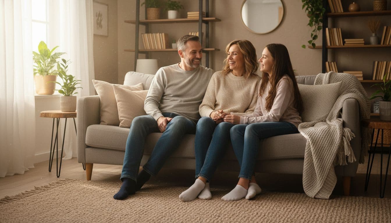 Parents and child sit relaxed on a living room sofa, happily chatting in cozy home.