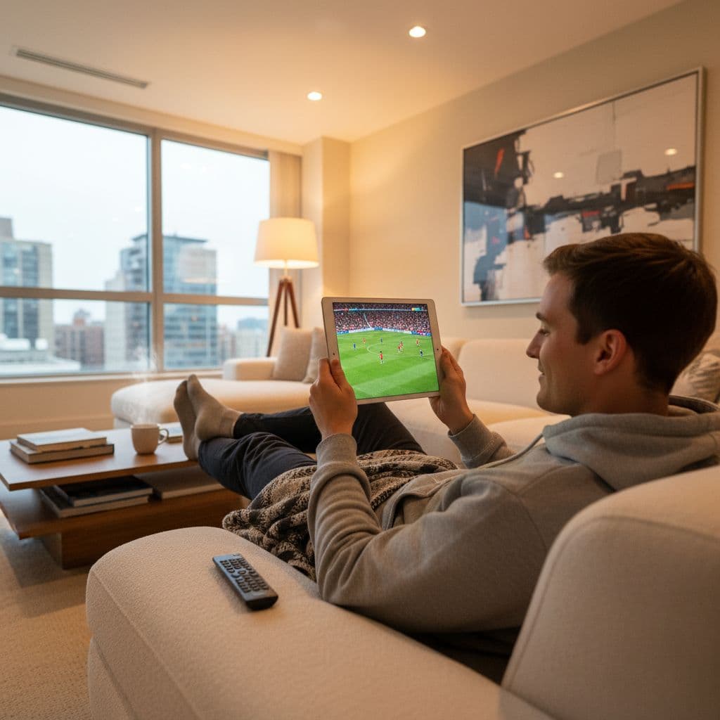 A relaxed person sits on a living room couch holding a tablet to watch a sports match.