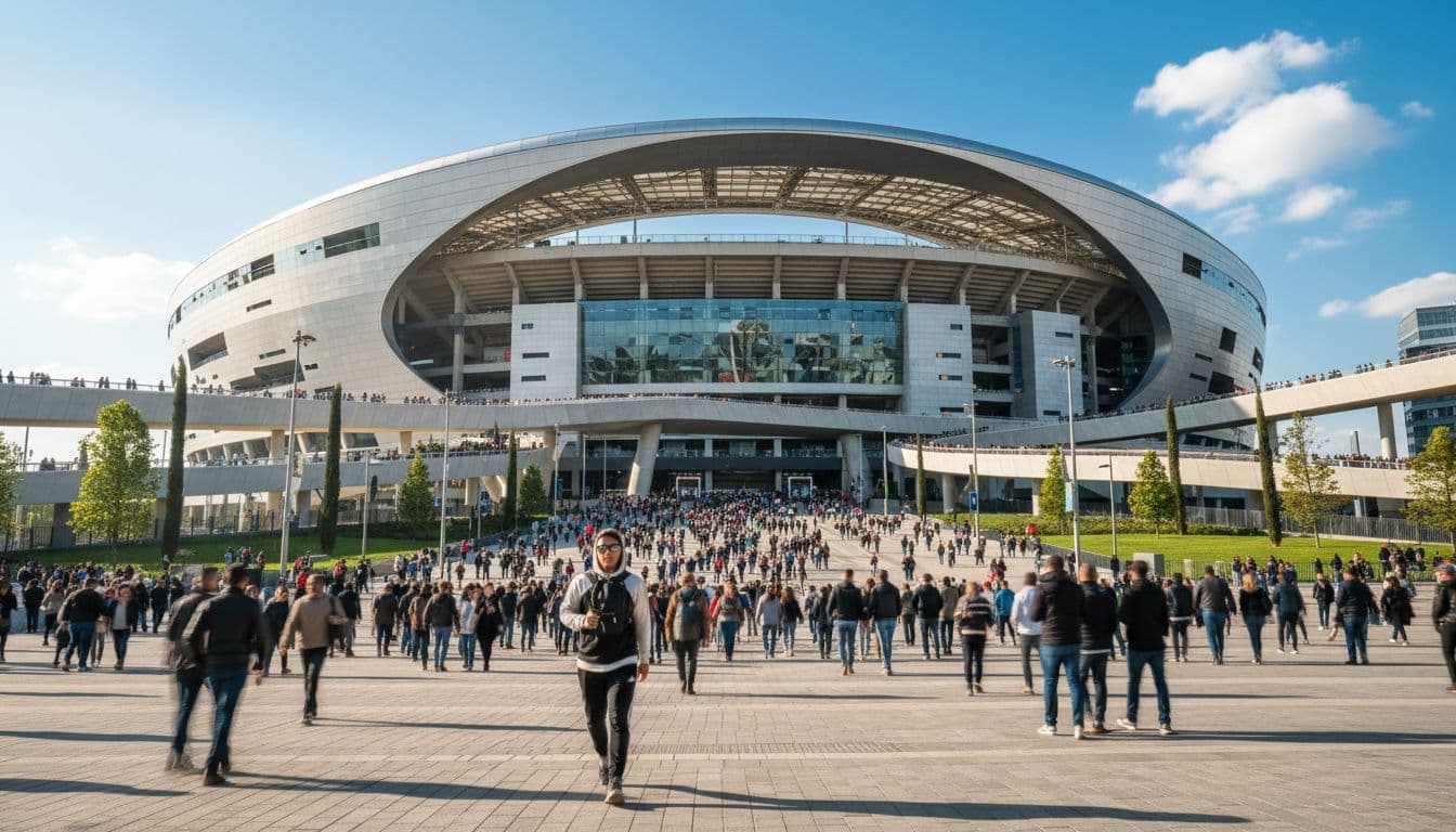 Crowds walk along a modern city street toward a large stadium under bright daytime skies.