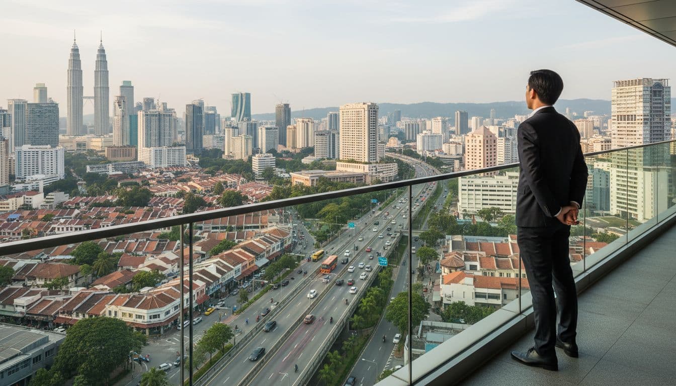 A professional overlooks a dense Malaysian urban neighborhood to perform a site environment analysis.