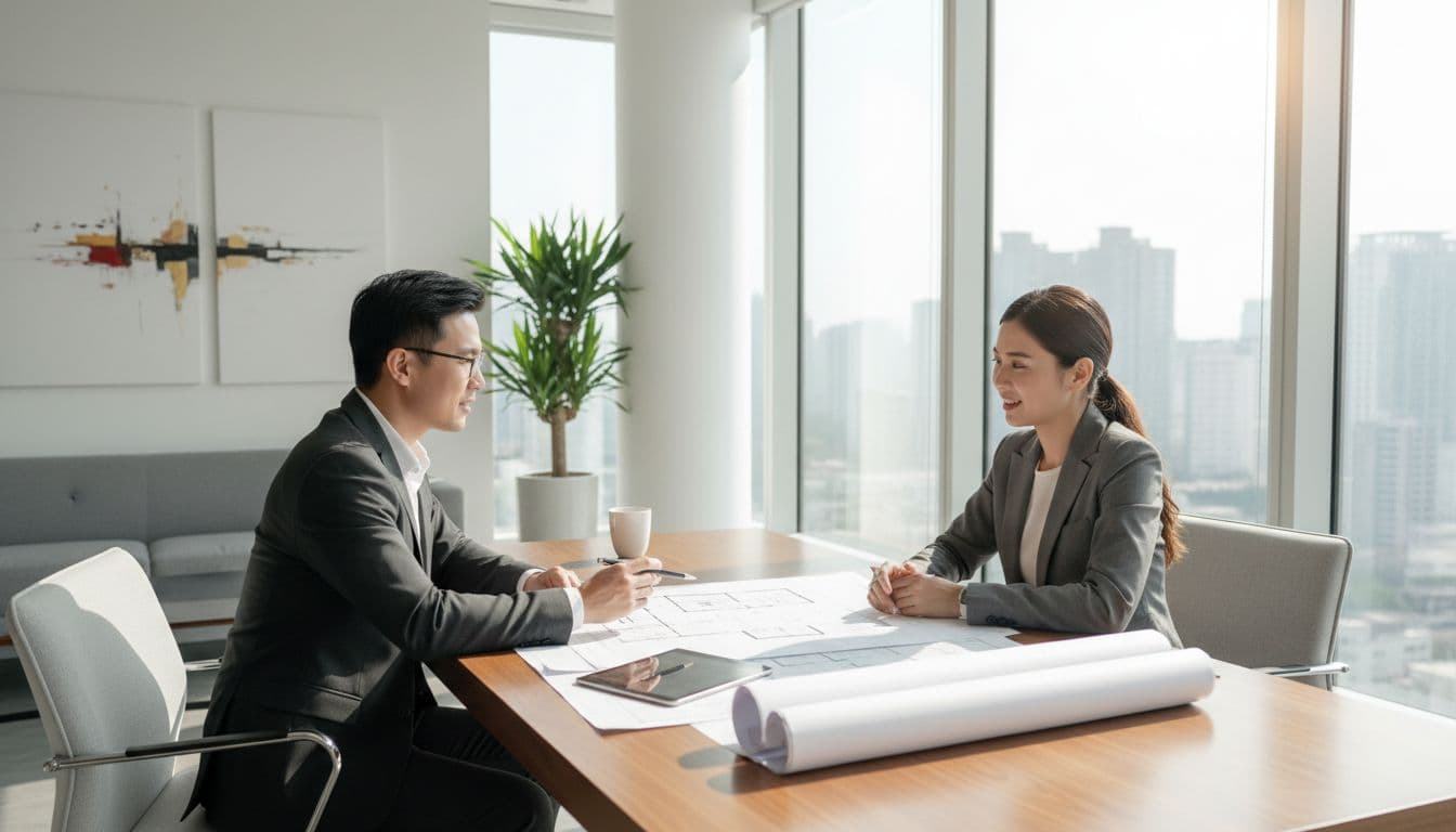 A feng shui consultant and client review architectural floor plans together in a bright, modern office.